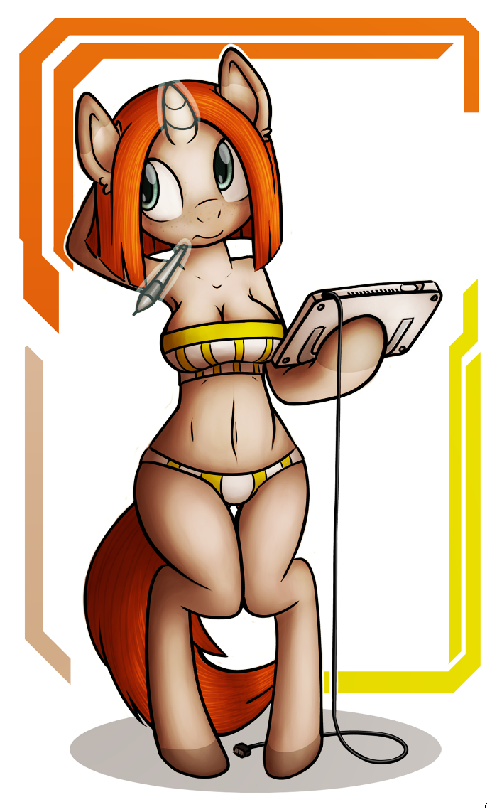 anthro bandeau big_breasts bikini breasts cleavage clothed clothing creating_art drawing_tablet electronics female freckles glowing hair horn magic navel orange_hair simple_background solo swimwear tablet tablet_pen topwear two-piece_swimsuit tg-0 hasbro my_little_pony mythology fan_character equid equine mammal mythological_creature mythological_equine unicorn