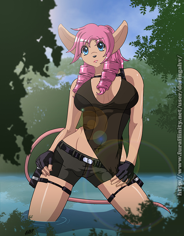 anthro belt blue_eyes bottomwear breasts brown_body brown_fur clothing cosplay female forest fur hair jungle lens_flare lips nature outside pink_hair plant princess royalty shirt shorts sky solo tank_top topwear tree water desingahv konami rocket_knight_adventures tomb_raider lara_croft princess_sherry american_opossum mammal marsupial