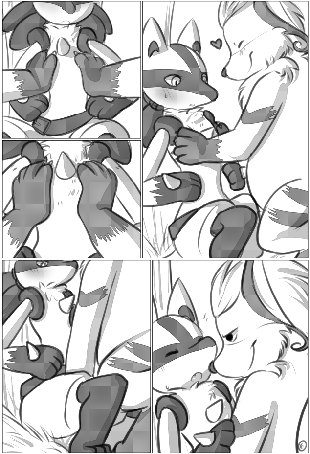 anthro blush duo embarrassed female grass male outside plant tree drychicken nintendo pokemon generation_1_pokemon generation_4_pokemon lucario pokemon_(species) raichu comic monochrome