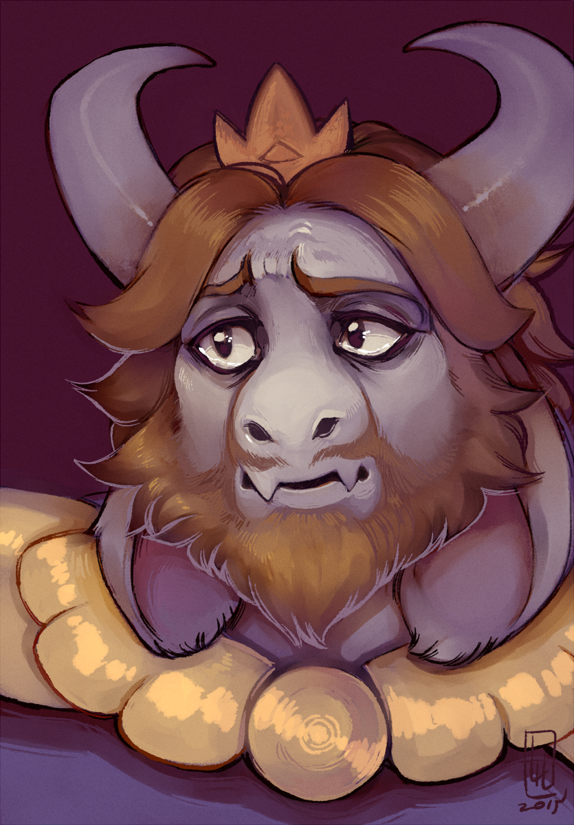 anthro beard blonde_hair crown facial_hair fangs hair headgear horn long_ears male mature_anthro mature_male simple_background solo teeth lilaira undertale undertale_(series) asgore_dreemurr boss_monster_(undertale) bovid caprine mammal 2015 hi_res