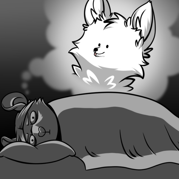 ambiguous_gender anthro bed blep disturbed duo female female_anthro furniture lying on_side pillow simple_background small_face thought_bubble tongue tongue_out ಠ_ಠ conditional_dnp ratte norve canid canine mammal murid murine rat rodent 1:1 digital_media_(artwork) greyscale monochrome