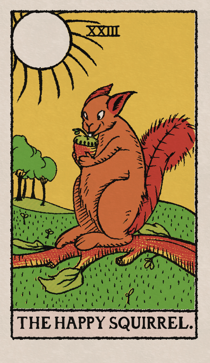 acorn ambiguous_gender card feral food fruit fur major_arcana nut_(fruit) orange_body orange_fur plant red_body red_fur roman_numeral sapling sitting_on_branch sky smile solo style_emulation sun tarot tarot_card text tree vintage yellow_sky lendri_mujina the_simpsons mammal rodent sciurid tree_squirrel 2025 digital_media_(artwork) english_text hatching_(art) medibang_paint_(artwork) shaded