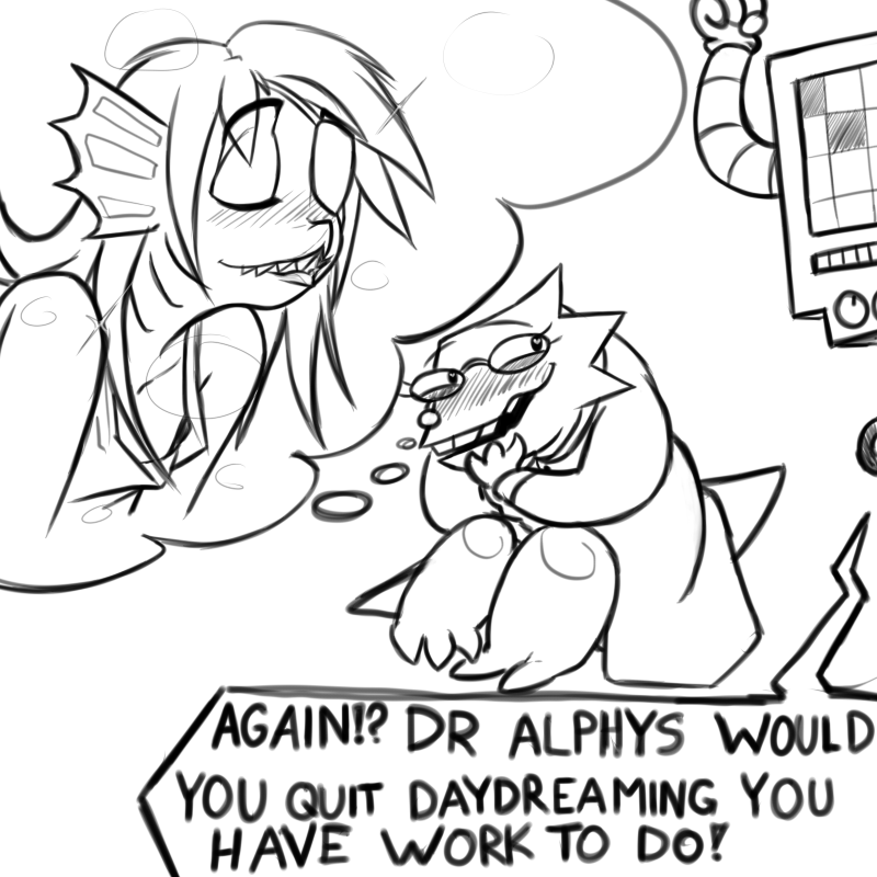 anthro barefoot blush clothing coat daydream dialogue duo ear_fins eye_patch eyes_closed eyewear feet female fin gills glasses lab_coat sharp_teeth simple_background teeth text topwear sildre undertale undertale_(series) alphys mettaton undyne fish lizard marine reptile scalie 1:1 2015 black_and_white english_text monochrome