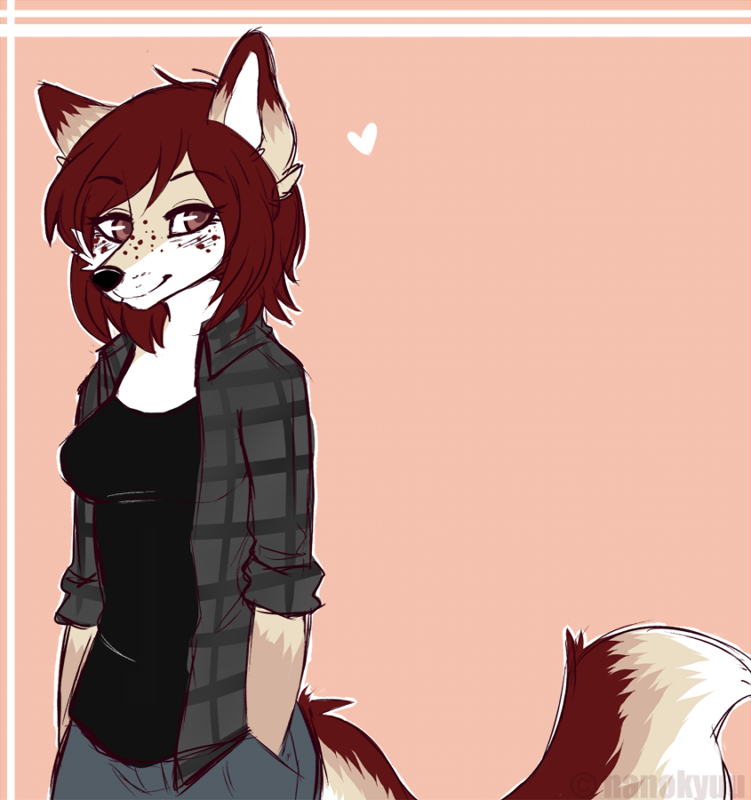 anthro blush clothed clothing female fur hair heart_symbol looking_at_viewer smile solo nanokyuu canid canine mammal sketch