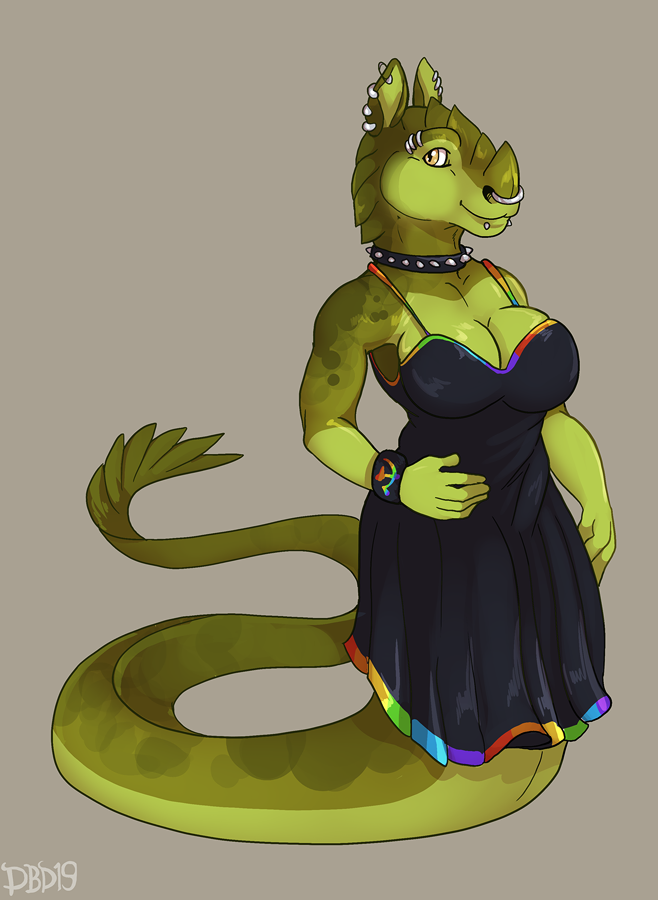 anthro apode breasts clothed clothing collar facial_piercing female hammer_and_sickle legless looking_at_viewer non-mammal_breasts nose_piercing piercing septum_piercing serpentine smile solo dbd draconcopode hybrid naga reptile scalie snake