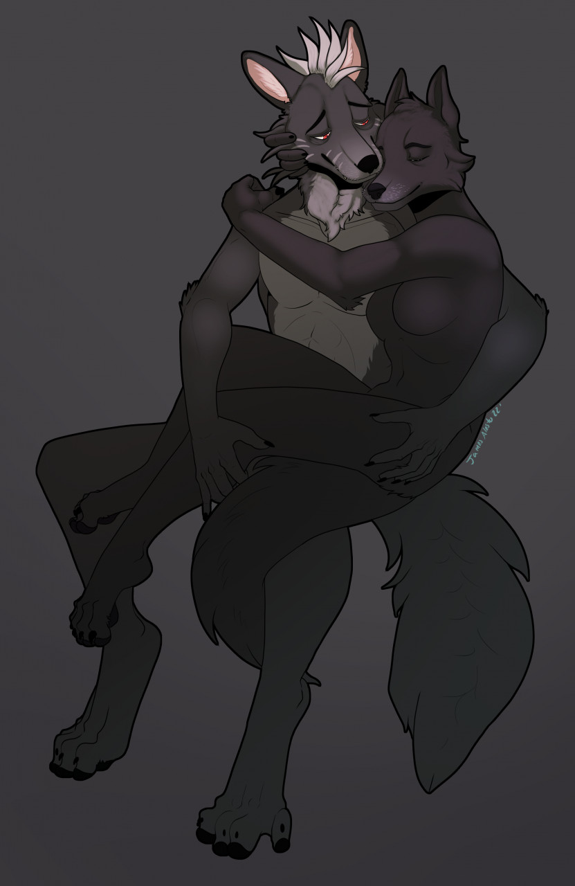 4_toes 5_fingers abs anthro arm_around_partner black_nose breasts digitigrade duo eyes_closed featureless_breasts feet female fingers fluffy fluffy_tail fur grey_body grey_fur hand_on_face hand_on_leg hand_on_shoulder hand_on_thigh hug inner_ear_fluff intraspecies male male/female navel neck_tuft nude nuzzling on_lap pawpads red_eyes romantic romantic_couple simple_background sitting sitting_on_lap tail toes tuft white_body white_fur celestina canid canine canis mammal wolf 2022 hi_res