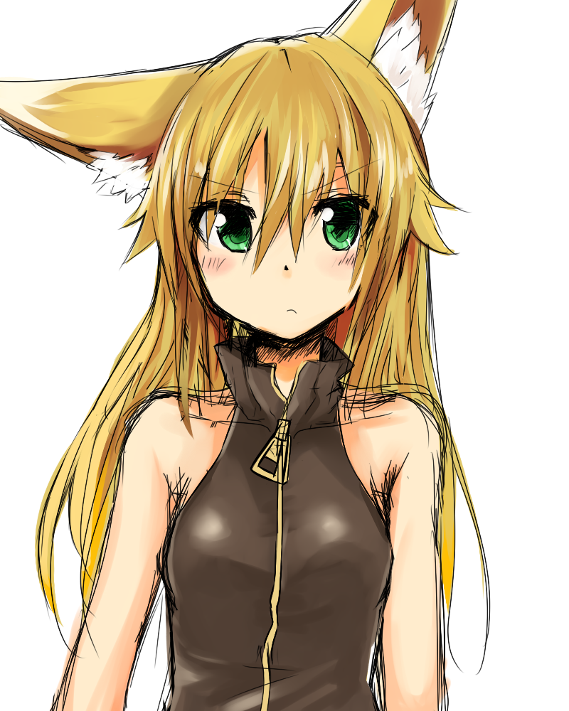 bare_shoulders blonde_hair blush breasts clothed clothing female frown green_eyes hair inner_ear_fluff looking_at_viewer simple_background solo tuft white_background zipper konozawa kokonoe_tsubaki animal_humanoid canid canid_humanoid canine canine_humanoid fox_humanoid humanoid mammal mammal_humanoid 2012 4:5 half-length_portrait portrait