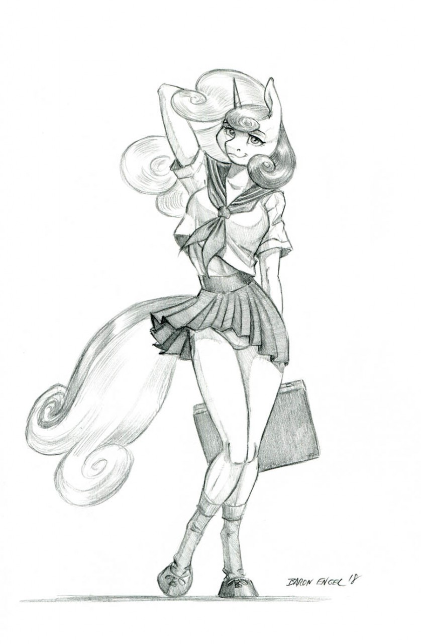 anthro bottomwear briefcase clothing female footwear hair half-closed_eyes hand_behind_head holding_briefcase holding_object hooves horn legwear looking_at_viewer mane mouth_closed narrowed_eyes panties pleated_skirt pose school_uniform shirt skirt smile smiling_at_viewer solo standing stockings topwear underwear unicorn_horn uniform baron_engel friendship_is_magic hasbro my_little_pony mythology sweetie_belle_(mlp) equid equine mammal mythological_creature mythological_equine unicorn 2018 hi_res signature story story_at_source story_in_description traditional_media_(artwork)