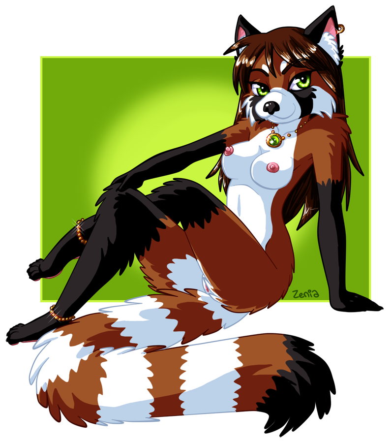 anklet anthro barely_visible_genitalia biped breasts ear_piercing female fur genitals green_eyes inner_ear_fluff jewelry necklace nipples nude piercing pose pussy simple_background sitting solo tail transparent_background tuft zenia ailurid mammal red_panda alpha_channel pinup