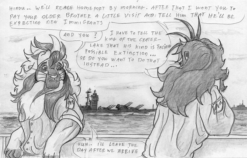 dialogue hindu male outside religion sea text water leovictor ajinta felid lion mammal pantherine 2008 comic english_text greyscale monochrome shaded sketch