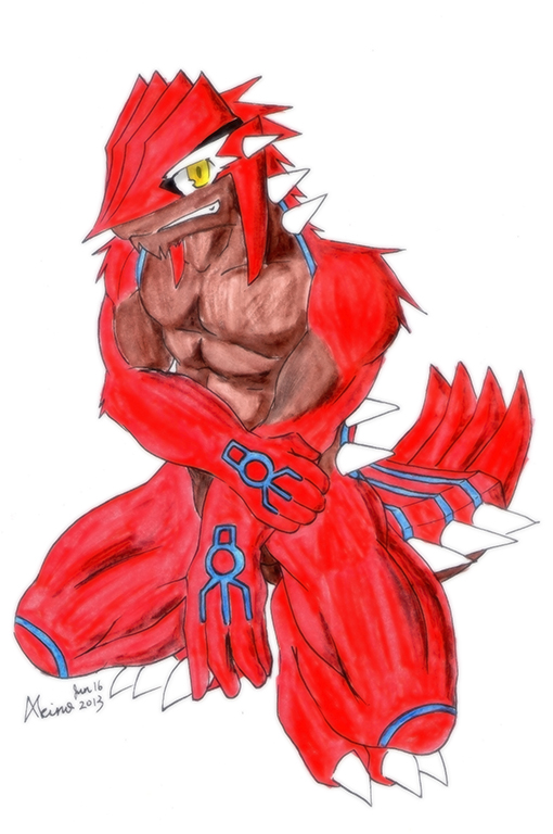 abs anthro convenient_censorship crouching holding_arm looking_at_viewer male muscular muscular_male nude pecs smile smiling_at_viewer solo akino-kamihara nintendo pokemon generation_3_pokemon groudon legendary_pokemon pokemon_(species) 2013 colored_sketch signature sketch traditional_media_(artwork)