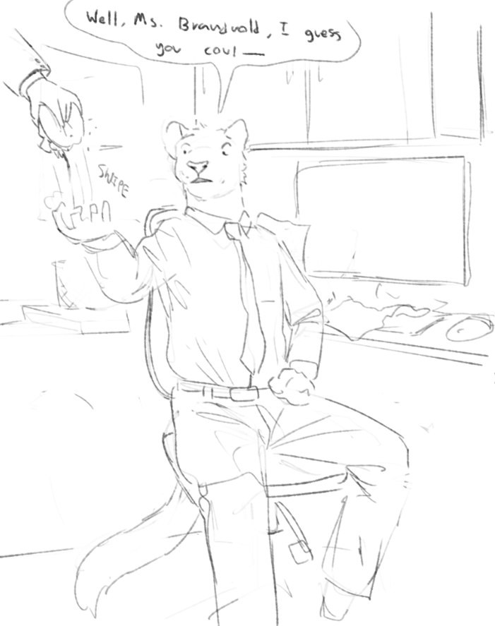 anthro bottomwear burger chair clothed clothing computer computer_keyboard computer_mouse dialogue dress_shirt duo electronics food fully_clothed furniture holding_burger holding_food holding_object male necktie office_chair on_chair pants shirt sitting sitting_on_chair snatching tail text topwear cettus samson_(derpoomer) cougar felid feline mammal 2022 english_text monochrome sketch