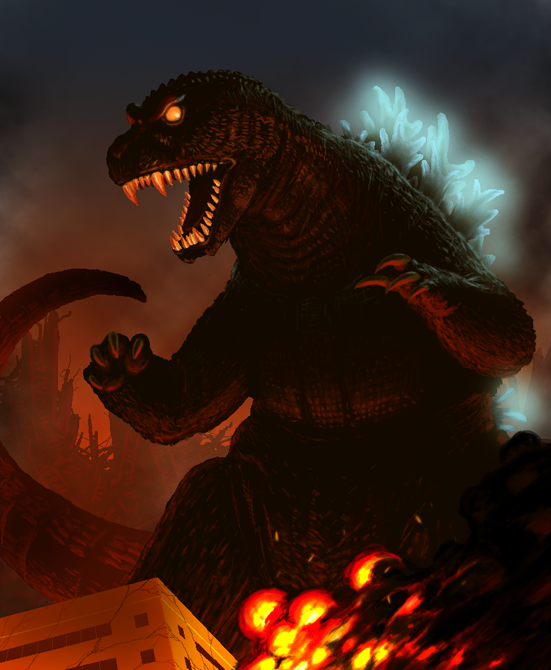 black_body black_scales blast broken_building city_destruction destruction fangs feral open_mouth orange_eyes scales teeth 4n godzilla_(series) toho godzilla kaiju reptile scalie