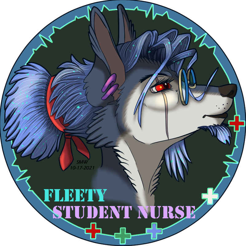 ambiguous_gender anthro blue_hair crosses ear_piercing eyewear facial_hair glasses goatee hair medical nurse piercing ponytail red_eyes scar solo fleety_(artist) fleety_(character) canid canine hybrid lupinossai mammal 1:1 alpha_channel icon