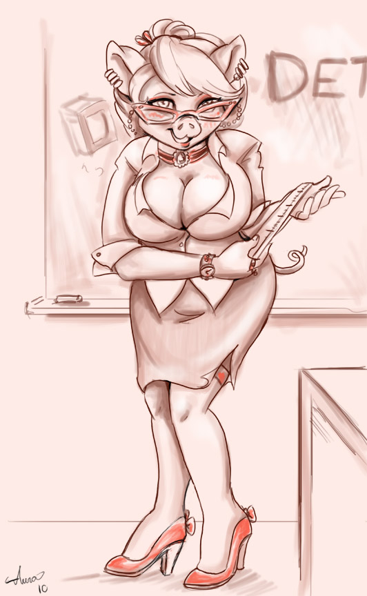 anthro big_breasts biped breasts cleavage clothed clothing collar ear_piercing eyewear female footwear glasses high_heels legwear piercing shoes solo stockings teacher auradeva domestic_pig mammal suid suine sus_(pig)