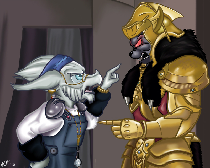 angry anthro argument armor clothing dark_body dark_skin duo eyewear fur glasses headgear helmet male overalls white_body white_fur kanatta hasbro mighty_morphin_power_rangers power_rangers super_sentai finster goldar alien monster