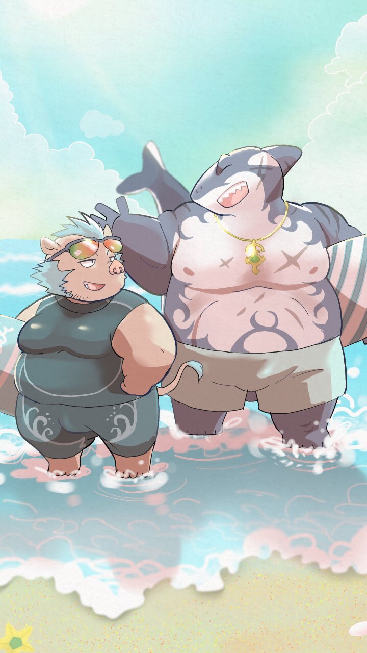 anthro beach belly bottomwear clothing duo eyewear eyewear_on_head male male/male musclegut muscular overweight pecs scar sea shorts sunglasses sunglasses_on_head surfboard swimwear water wetsuit rorondo4 lifewonders tokyo_afterschool_summoners ganglie_(tas) typhon_(tas) fish mammal marine shark suid suina sus_(pig) wild_boar 9:16 hi_res