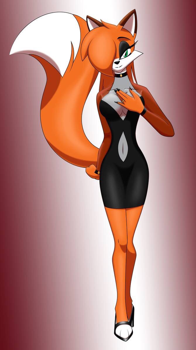 anthro breasts clothing collar dress female footwear green_eyes high_heels looking_at_viewer raised_tail ring shoes simple_background solo tail whitephoenix52 rebecca_cyrus canid canine fox mammal