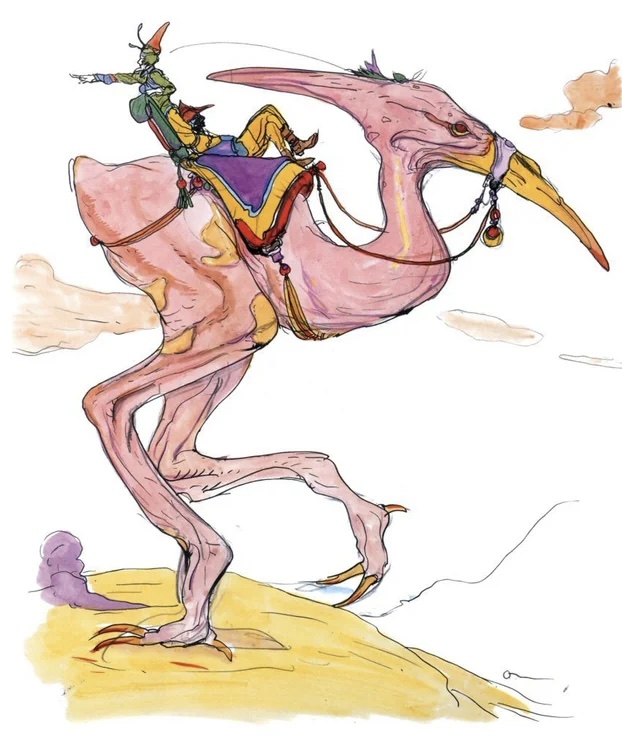 ambiguous_gender avian_feet backwards_feet bridle clothing cloud feral gesture group hand_gesture harness hat headgear headwear landscape long_beak lying on_back pink_body pointing red_eyes reins riding saddle trio what yoshitaka_amano final_fantasy square_enix avian bird chocobo humanoid official_art