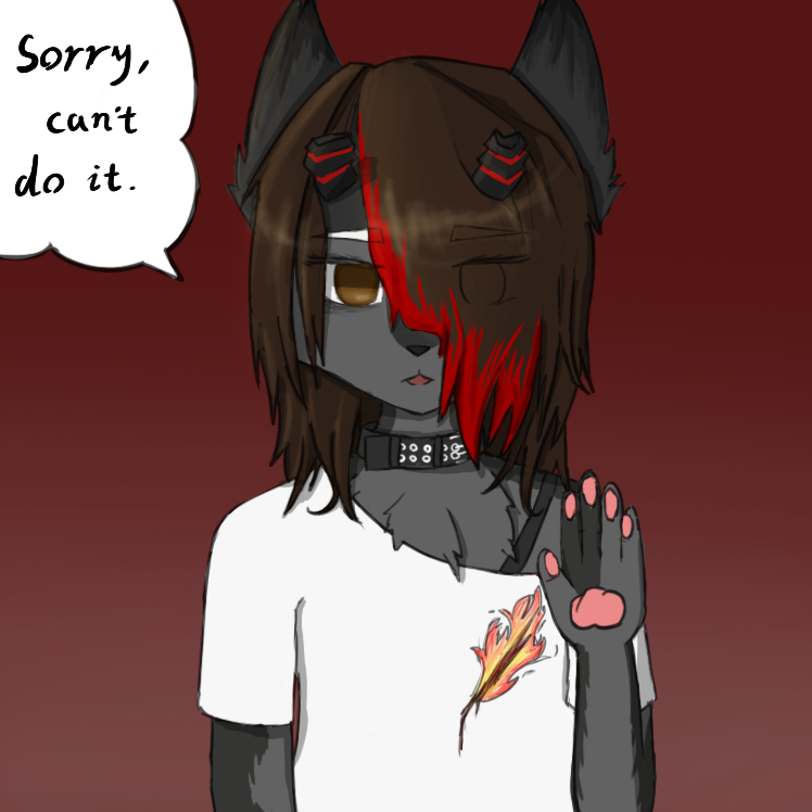 anthro broken_horn brown_eyes brown_hair clothing collar fur grey_body grey_fur hair horn looking_at_viewer male open_mouth red_hair red_horn simple_background solo speech_bubble text crybitur suwyzid canid canine canis felid hybrid mammal wolf 1:1