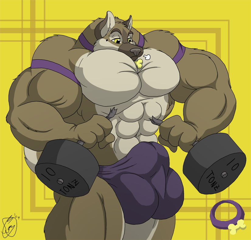 anthro balls_outline big_bulge big_muscles big_pecs biped bone brown_body brown_fur bulge clothing collar detailed_bulge exercise fur genital_outline huge_bulge huge_muscles huge_pecs male muscular muscular_anthro muscular_arms muscular_male pecs purple_clothing purple_underwear solo standing tail underwear weightlifting workout yellow_eyes juano tanz canid canine canis domestic_dog german_shepherd herding_dog mammal pastoral_dog 2009 digital_media_(artwork)