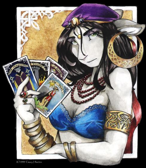 accessory anthro armlet art_nouveau black_hair bracelet breasts card cleavage clothed clothing ear_piercing ear_ring female fool fortune_teller fortune_telling fur green_eyes grey_body grey_fur gypsy hair hair_accessory hair_ribbon hat headgear headwear jewelry looking_at_viewer major_arcana necklace piercing ribbons ring ring_piercing solo tarot tarot_card the_fool_(tarot) the_magician_(tarot) the_tower_(tarot) wheel_of_fortune_(tarot) tracy_j._butler luna_aspasia lagomorph leporid mammal rabbit 2001 traditional_media_(artwork)