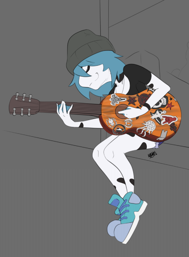 anthro beanie blue_hair clothed clothing crossed_legs eyes_closed female footwear guitar hair hat headgear headwear membrane_(anatomy) musical_instrument plucked_string_instrument shirt shoes simple_background sitting smile sneakers solo spots sticker string_instrument t-shirt topwear webbed_hands white_body white_skin novacantnames aria_whittemore amazon_milk_frog amphibian frog tree_frog