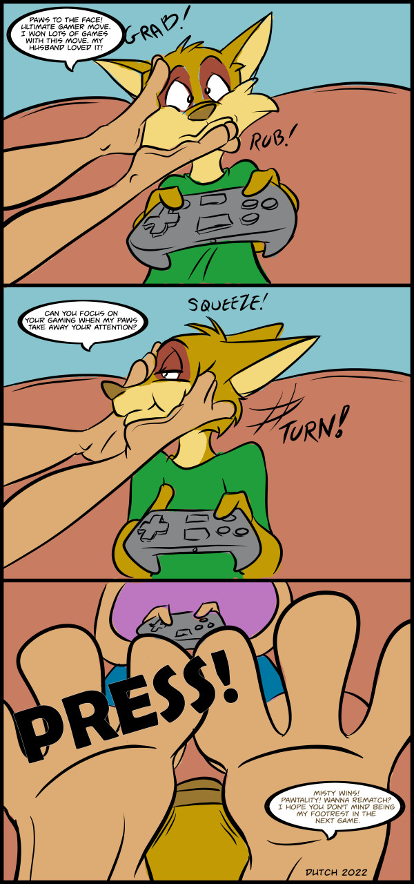 3_toes anthro controller dialogue distracted dominant dominant_female duo faceless_anthro faceless_character feet female foot_fetish foot_focus footsie furniture game_controller male male/female paws persuasion sofa soles speech_bubble text toes dutch_(artist) misty_the_mouse misty_(dutch) canid canine canis coyote mammal mouse murid murine rodent english_text hi_res