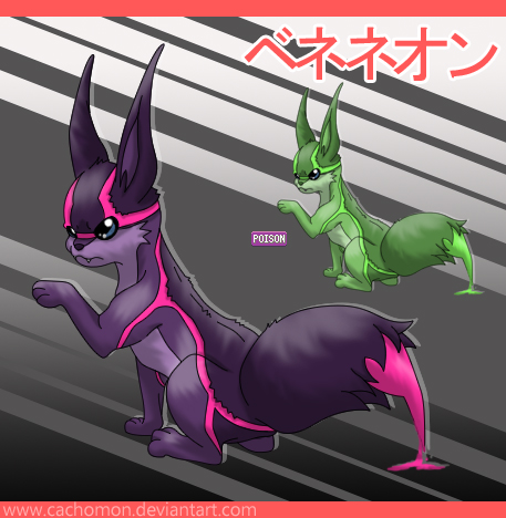 ambiguous_gender black_body black_fur blue_eyes digitigrade duo feral fur green_body green_fur grey_body grey_fur pink_body pink_fur poison quadruped sting tail text toxic_orb cachomon fakemon fakeveelution shiny_fakemon veneneon english_text japanese_text low_res translated