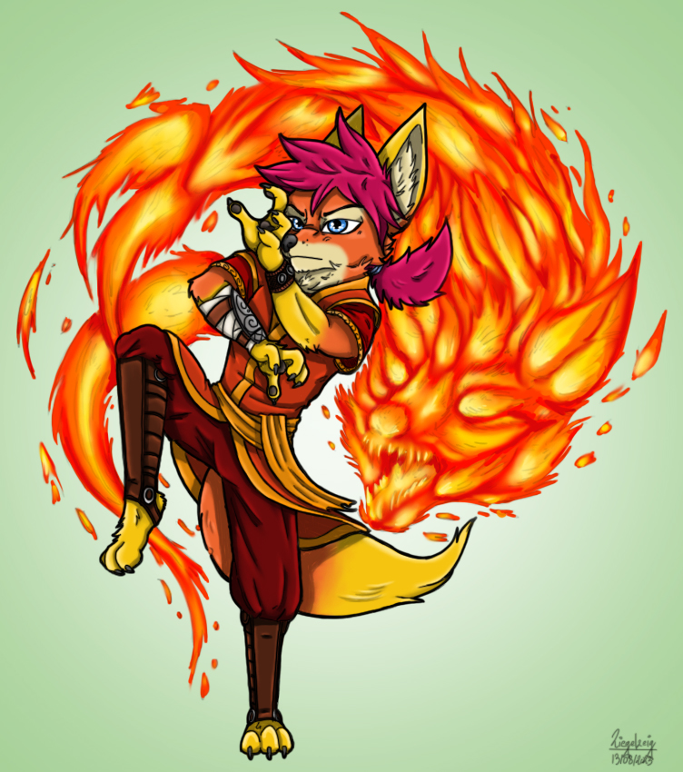 anthro blue_eyes fighting_pose fire fur hair male orange_body orange_fur pose purple_hair solo ziegelzeig bad_guy_cafe halloweek fire_(firefox) canid canine demon fox hybrid mammal 2023