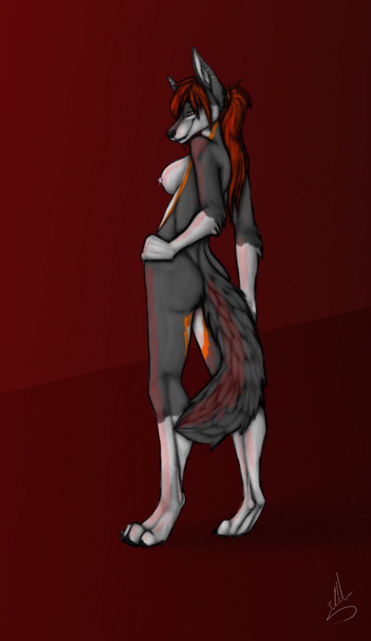 anthro biped black_nose breasts ear_piercing erect_nipples female fur grey_body grey_fur hair hand_on_hip long_hair looking_back nipples nude piercing rear_view red_background red_hair side_boob simple_background solo standing white_body white_fur shadowrunn-the-hybrid spoonyfox jacqueline_(spoonyfox) canid canine canis coyote mammal 2014 hi_res