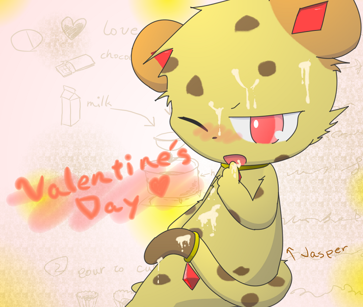 anthro blush fur heart_symbol holidays jewelry milk one_eye_closed red_eyes semi-anthro solo spots text yellow_body yellow_fur ura jewelpet sanrio sega sega_fave valentine's_day jasper_(jewelpet) cheetah felid feline mammal