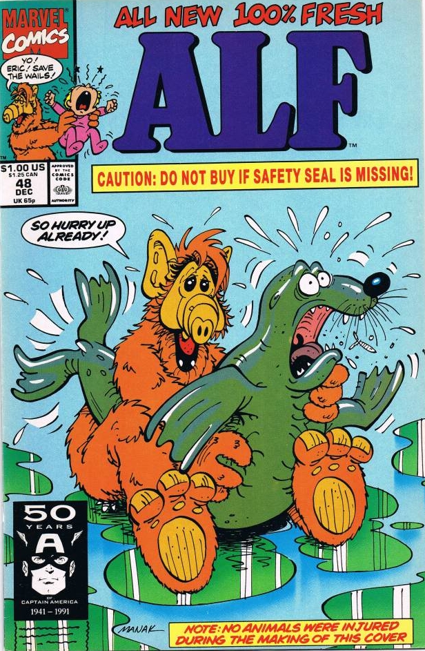 ambiguous_gender barefoot bodily_fluids dialogue duo feet feral hair humor male nude orange_body pawpads paws pig_nose sweat text vintage water western_comics_(style) dave_manak alf marvel gordon_shumway alien mammal marine melmacian pinniped seal 1991 comic cover cover_art english_text official_art