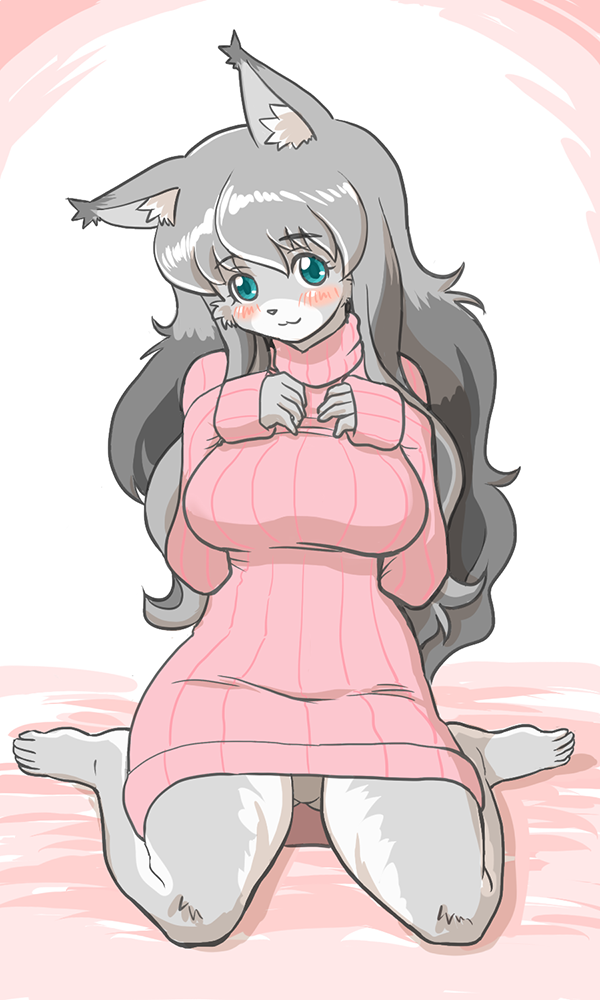 anthro biped blue_eyes blush bottomwear breasts clothed clothing female fur grey_body grey_fur grey_hair hair kemono kneeling looking_at_viewer ribbed_clothing ribbed_sweater skirt solo sweater topwear upskirt kin-shun moco_(kin-shun) canid canine canis mammal wolf 3:5 digital_media_(artwork)