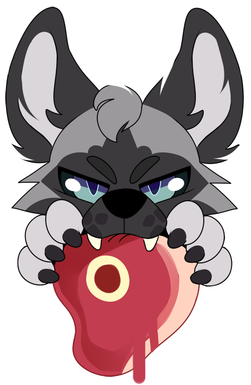 ambiguous_form ambiguous_gender blood blue_eyes bodily_fluids dripping_blood fangs food food_in_mouth fur glistening glistening_eyes grey_body grey_fur head_tuft looking_at_viewer meat raw_meat simple_background solo teeth tuft white_background princelykaden canid mammal