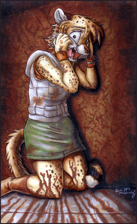 anthro blood blood_on_arm blood_on_chest blood_on_clothing blood_on_hand blood_on_leg blood_on_weapon bodily_fluids clothed clothing cosplay female imminent_death scared solo tail terror victim weapon dingbat konami silent_hill chespi heather_mason_(silent_hill) cheetah felid feline mammal 2003 reaction_image