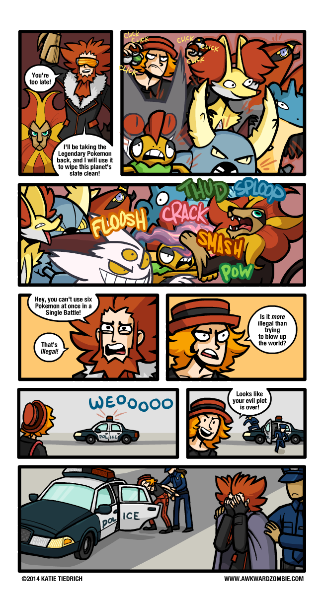 anthro car dialogue male police text vehicle katie_tiedrich awkwardzombie nintendo pokemon team_flare lysandre_(pokemon) canid canine delphox generation_1_pokemon generation_5_pokemon generation_6_pokemon gengar human lapras mammal pinsir pokemon_(species) pyroar scrafty talonflame 2014 comic english_text hi_res