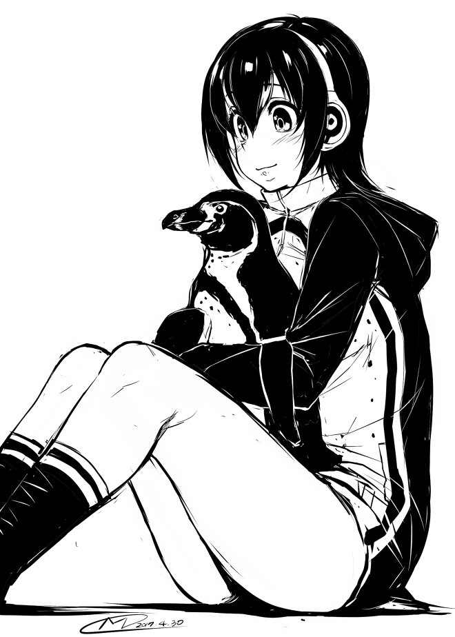 ambiguous_gender beak blush clothing duo electronics female feral headphones hoodie short_tail smile tail topwear happa kachoufuugetu4 kemono_friends grape-kun hululu animal_humanoid avian avian_humanoid bird bird_humanoid humanoid humboldt_penguin penguin penguin_humanoid 2017 black_and_white monochrome signature