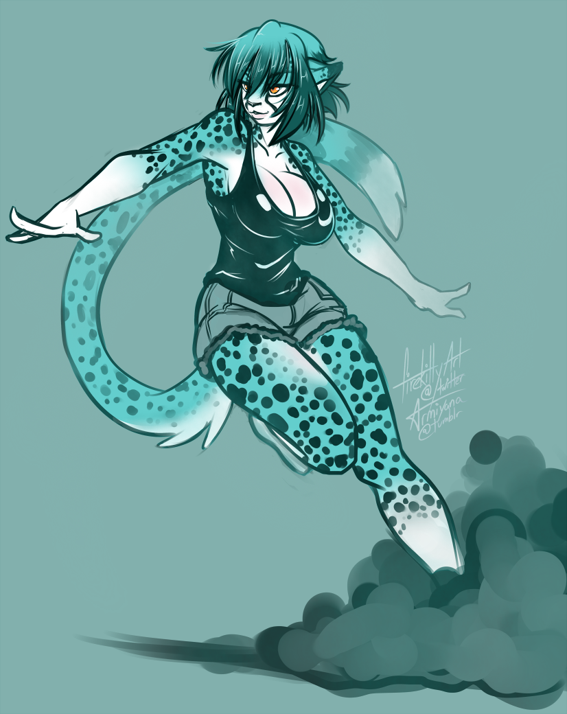 anthro big_breasts bottomwear breasts cleavage clothed clothing dipstick_tail eyebrows female fingers fur gloves_(marking) grey_nose hair leg_markings markings orange_eyes running shirt shorts smoke socks_(marking) solo spots tail tail_markings teal_body teal_fur teal_hair topwear firekitty cheetah felid feline mammal