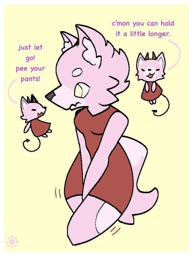 black_nose clothing crossed_legs desperation dress female fidgeting fluffy fur omorashi pink_body pink_fur potty_dance red_clothing red_dress shaking solo teasing temptation text thighs_together yellow_eyes 0sunlight0 rose_(0sunlight0) canid canine demon fox mammal english_text