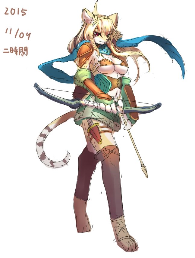 accessory anthro armor arrow_(weapon) big_breasts bow_(weapon) braided_hair breasts clothing female gauntlets gloves hair hair_accessory hairband handwear holding_object holding_weapon knife legwear long_hair navel paws quiver_(object) ranged_weapon scarf shoulder_pads simple_background solo text under_boob weapon white_background ni_jikan felid feline mammal serval japanese_text signature