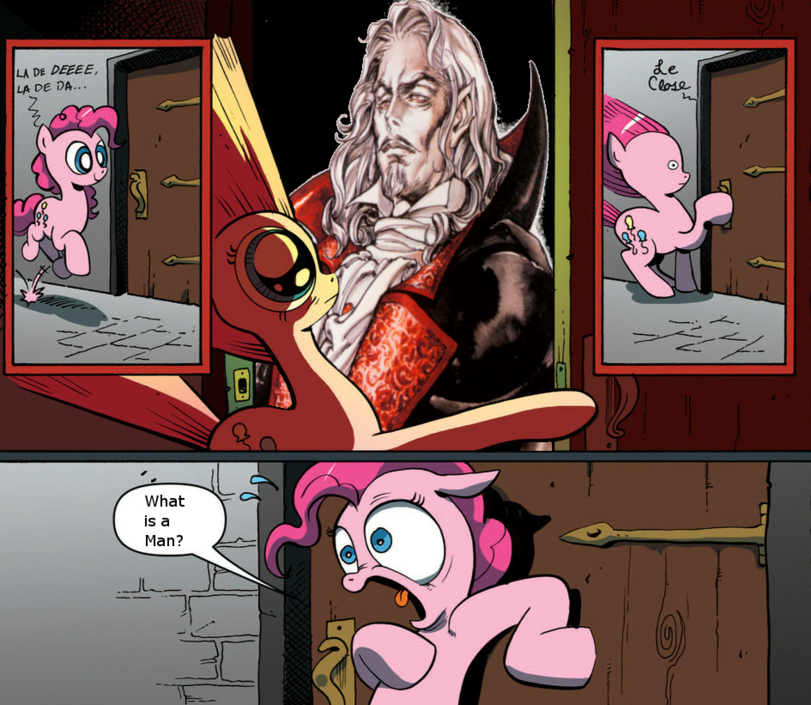 cutie_mark door duo female feral fur hair male pink_body pink_fur pink_hair scared text tongue unknown_artist castlevania friendship_is_magic hasbro konami my_little_pony dracula dracula_(castlevania) pinkie_pie_(mlp) earth_pony equid equine horse mammal pony english_text lol_comments