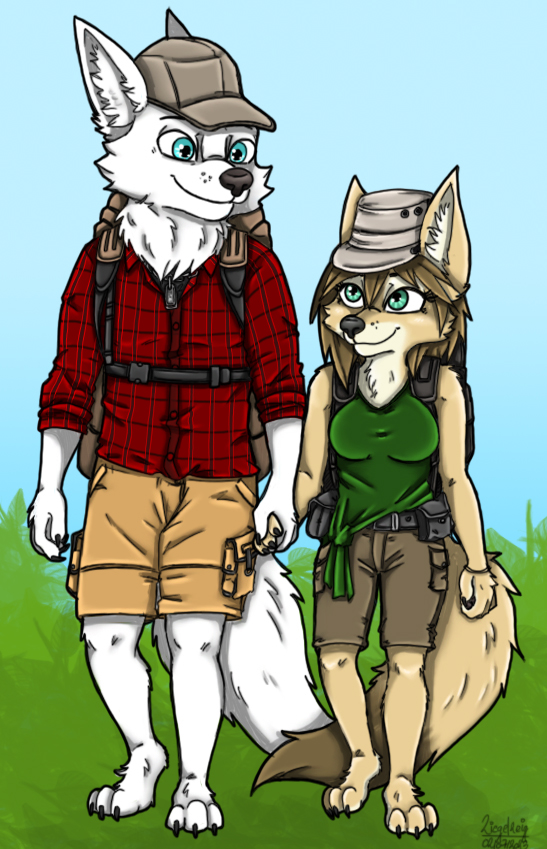 anthro backpack blue_eyes brown_body brown_fur brown_hair clothing duo female fur green_eyes hair hand_holding hat headgear headwear jewelry male necklace tan_body tan_fur white_body white_fur ziegelzeig aliya_sari_(readerno31142) martin_silverhowl_(readerno31142) canid canine canis corsac_fox fox mammal true_fox wolf 2023