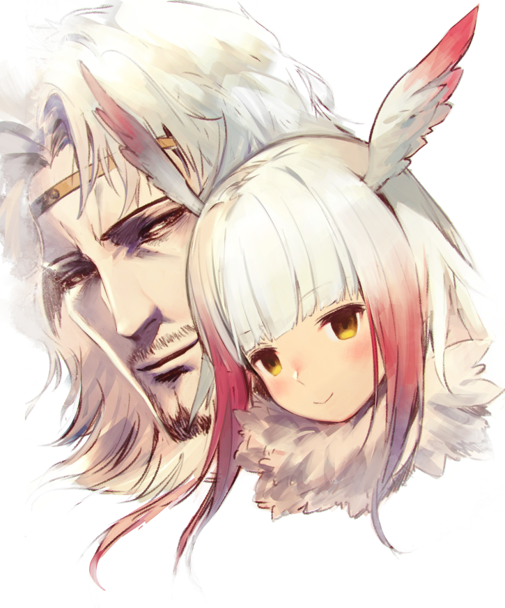 facial_hair female hair head_wings highlights_(coloring) looking_at_viewer male red_highlights simple_background smile unusual_wing_placement white_background white_hair wings kodama_gs fist_of_the_north_star kemono_friends japanese_crested_ibis_(kemono_friends) toki_(fist_of_the_north_star) animal_humanoid human humanoid mammal