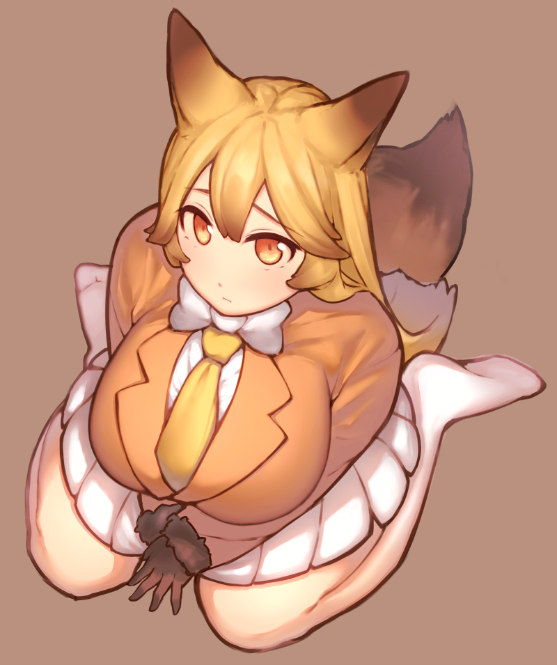 big_breasts blonde_hair bottomwear bow_(feature) bow_tie breasts brown_background clothed clothing female footwear fur gloves hair handwear huge_breasts legwear looking_at_viewer necktie simple_background skirt socks solo suit yellow_eyes mog_(artist) kemono_friends ezo_red_fox_(kemono_friends) animal_humanoid canid canid_humanoid canine canine_humanoid fox_humanoid humanoid mammal mammal_humanoid 2017