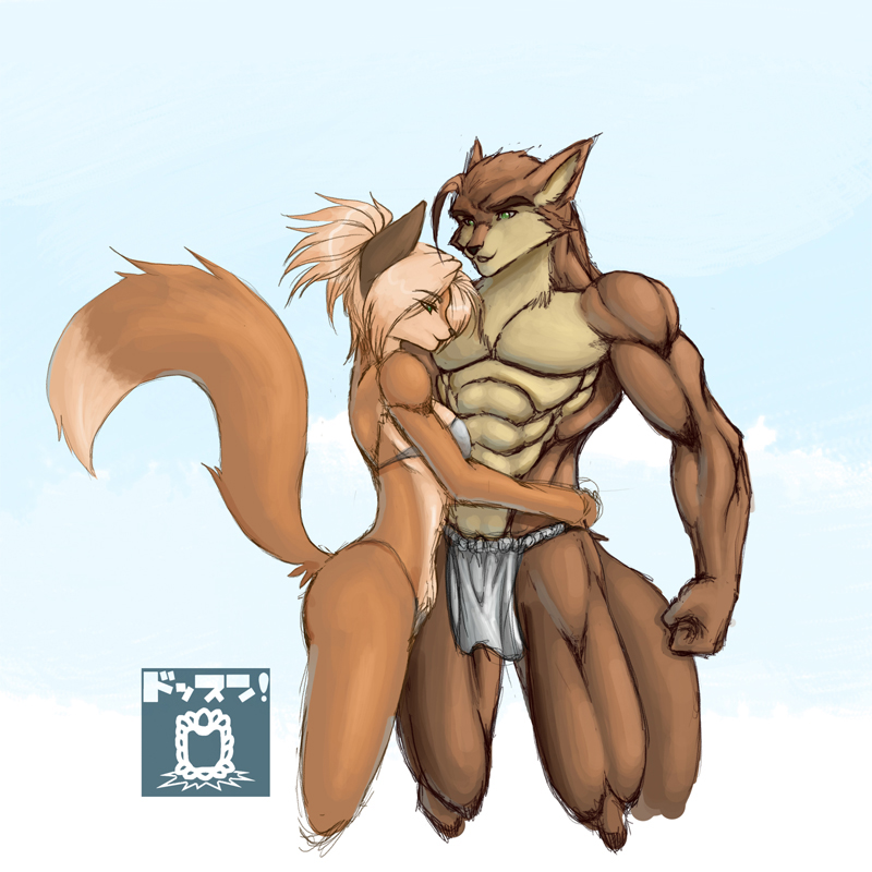 anthro bikini bottomwear bra breasts clothing dipstick_tail duo female hug larger_male loincloth male male/female markings muscular muscular_male panties size_difference smaller_female swimwear tail tail_markings two-piece_swimsuit underwear dossun canid canine fox mammal 1:1