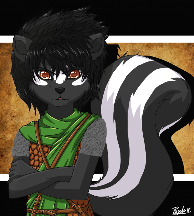 abstract_background amber_eyes ambiguous_gender anthro armor black_body black_border black_fur black_hair black_nose border brown_eyes clothed clothing crossed_arms fur green_sash hair leather leather_armor looking_at_viewer markings messy_hair raised_tail simple_background solo striped_markings striped_tail stripes tail tail_markings white_body white_fur white_markings pugglepaws bethesda_game_studios microsoft skyrim the_elder_scrolls noire_(character) skyrim_hold_guard mammal mephitid skunk striped_skunk