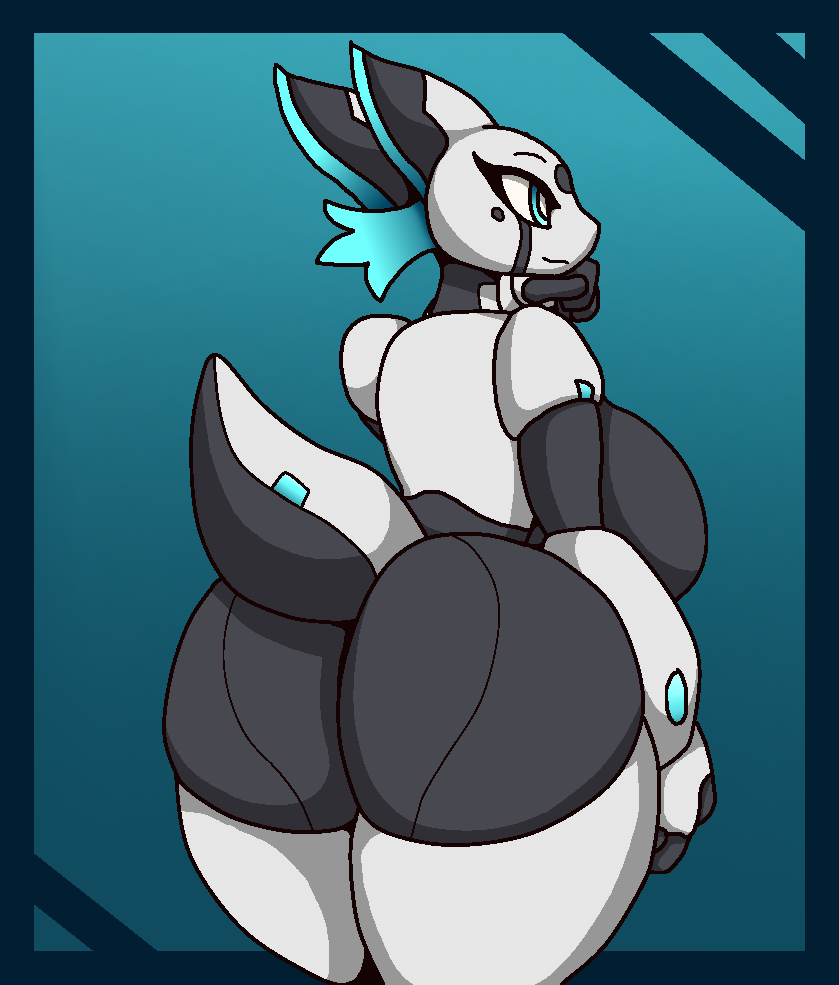 anthro big_breasts big_butt black_body blue_eyes breasts butt curvy_figure female hair huge_butt lips looking_at_viewer machine rear_view side_boob simple_background smile solo thick_thighs voluptuous white_body wide_hips neormk android_lillia android canid canine canis mammal robot wolf