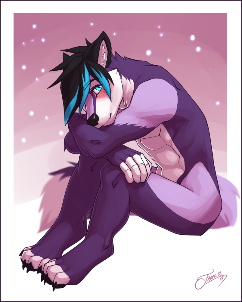 4_toes 5_fingers abs anthro athletic athletic_anthro athletic_male biped black_hair black_nose blue_eyes blue_hair blush digitigrade eyebrows feet femboy fingers fur gloves_(marking) hair male markings multicolored_body multicolored_fur multicolored_hair nude pink_background pose purple_body purple_fur shy side_view simple_background sitting smile solo toes two_tone_body two_tone_fur two_tone_hair white_body white_fur feralise taro-fox canid canine fox mammal 2017