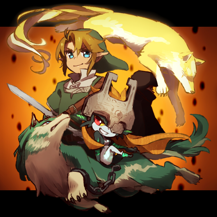 blonde_hair blue_eyes clothing female feral fur fused_shadow group hair headgear headwear humanoid_pointy_ears male master_sword melee_weapon pointy_ears red_eyes riding smile square_crossover sword weapon ningukt nintendo the_legend_of_zelda twilight_princess link link_(wolf_form) midna canid canine canis humanoid hylian imp mammal twili wolf 1:1 2016